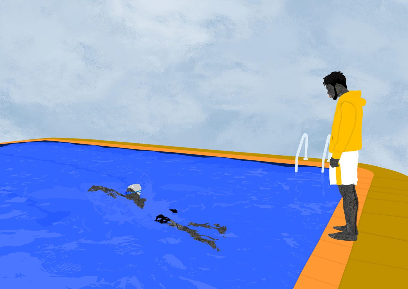 Oeuvre d'art de l'artiste qui représente 2 hommes dans une piscine