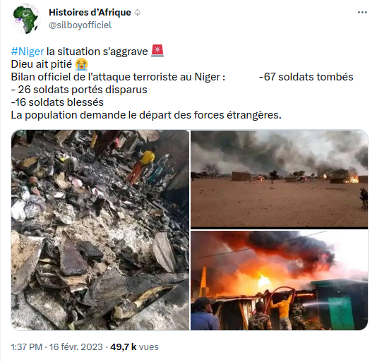 Selon plusieurs sources concordantes, une attaque terroriste a eu lieu le vendredi 10 février au Niger (dans le nord du département de Banibangou) faisant plusieurs dizaines de morts parmi les forces armées nigériennes.
